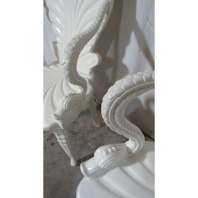 1980s Pair Mid-Century Italian Neo-Classical Carved Wood White Lacquer Shell & Dolphin Chairs For Sale - Image 5 of 14