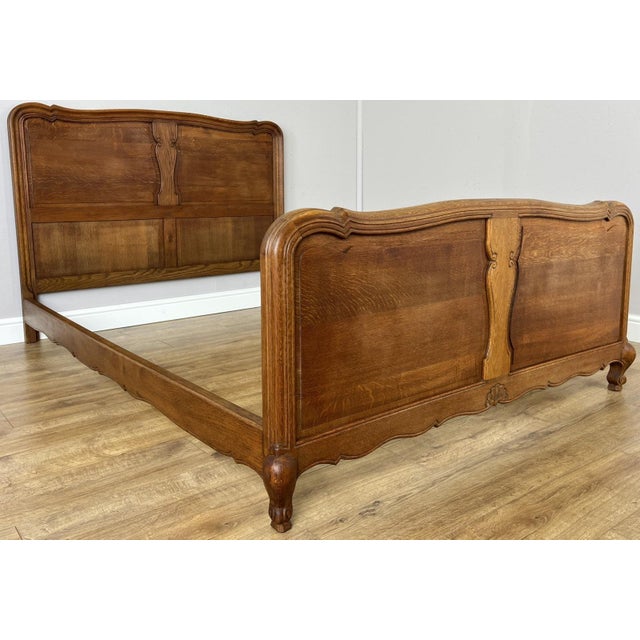 Vintage French Louis XVI Oak Double Bed Frame with Carved Headboard For Sale - Image 3 of 11