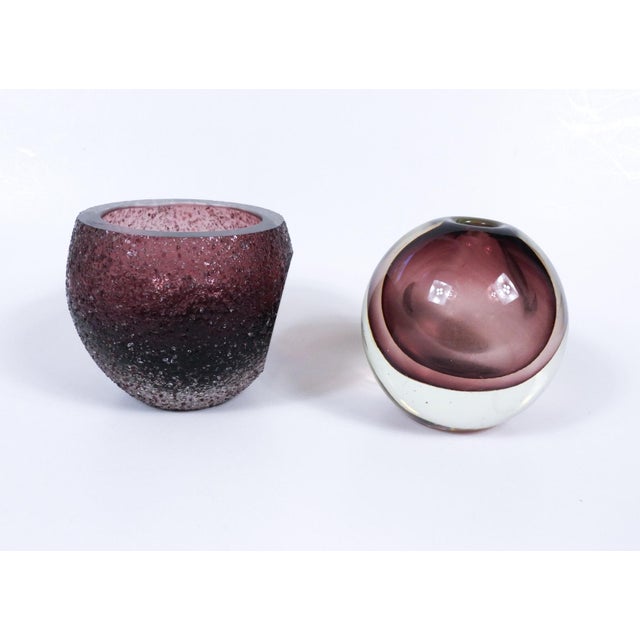 Small pair of contemporary handblown Murano style aubergine vases. One with sugar texture with cut and polished detail,...
