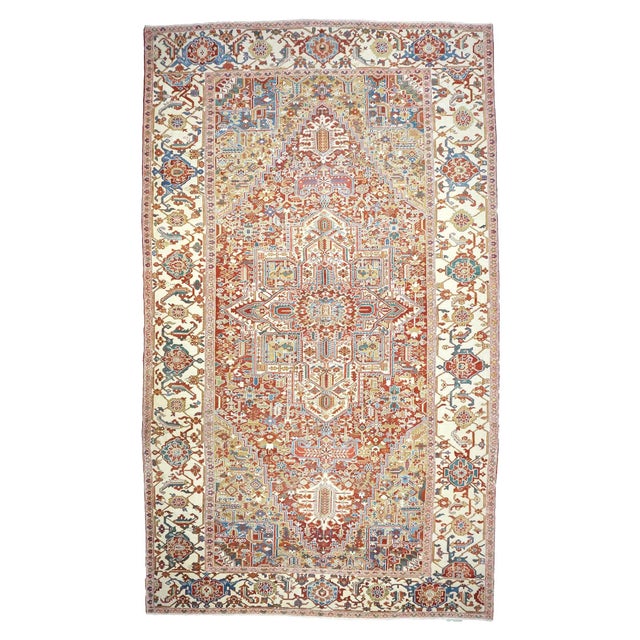 Antique Persian Heriz Wool 11X19 Rust, Ivory & Blue Handmade Area Rug #1140939 For Sale