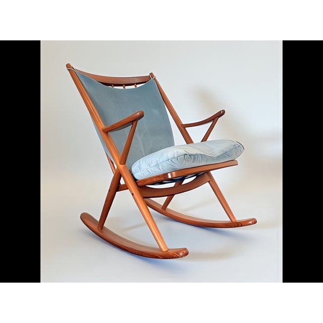Teak Rocking Chair with Mohair Velvet Cover in Ice Blue by Frank Reenskaug for Bramin, Denmark, 1960s For Sale - Image 17 of 17