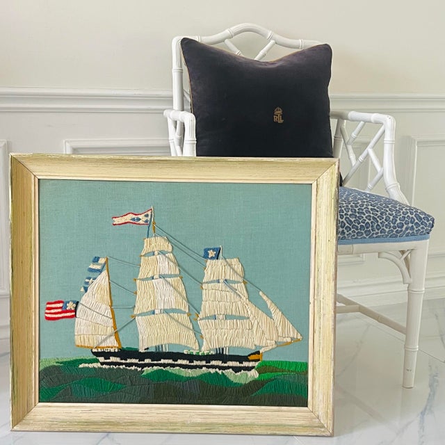 Large 1970s Nautical Crewel Embroidery Clipper Ship “Nantucket Whaler” — Period Execution of Erica Wilson Design, Framed American Folk Art For Sale - Image 12 of 12