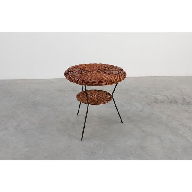 Mid-Century Woven Rattan, Wicker and Iron Two-Tier Round Coffee Table, Italy, 1960s For Sale - Image 9 of 13