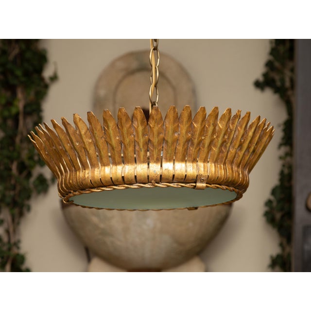 Mid 20th Century Vintage Spanish Gilt Metal Crown Chandelier with Frosted Glass and Leaf Motifs For Sale - Image 5 of 12