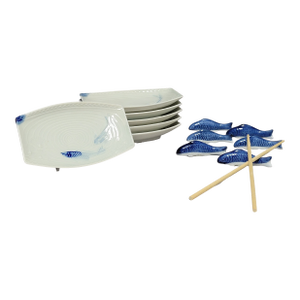Japanese Arita White Porcelain Sushi or Appetizer Dishes With Blue Koi - Set of 6, 18 Pieces
