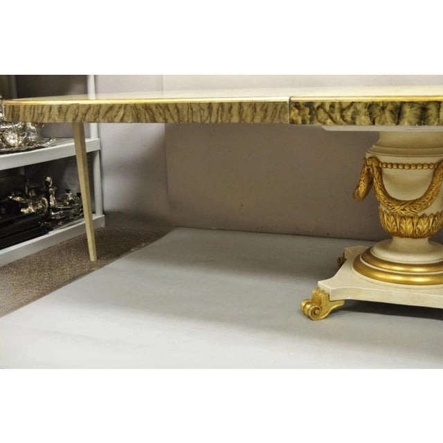 Late 20th Century Italian Regency Cream & Gold Gilt Lacquered Urn Pedestal Dining Table - 3 Leaves For Sale - Image 11 of 16
