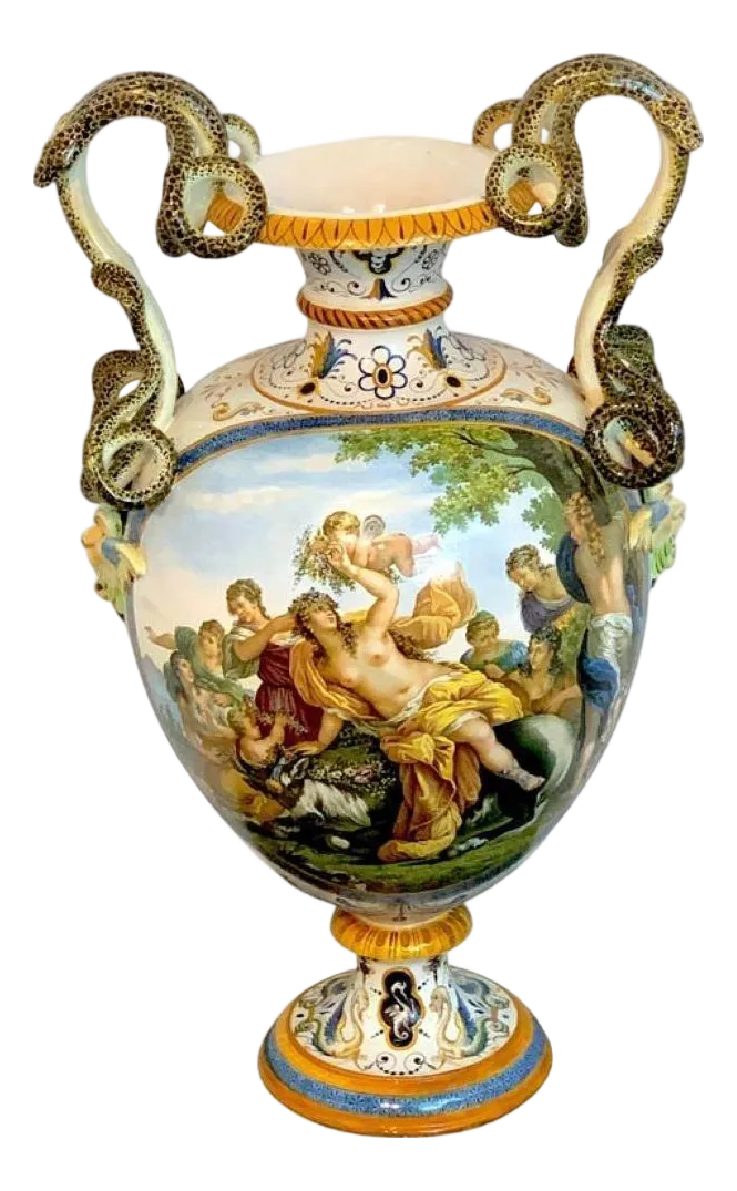 Ginori Majolica Allegorical Serpent Handled Vase | Chairish