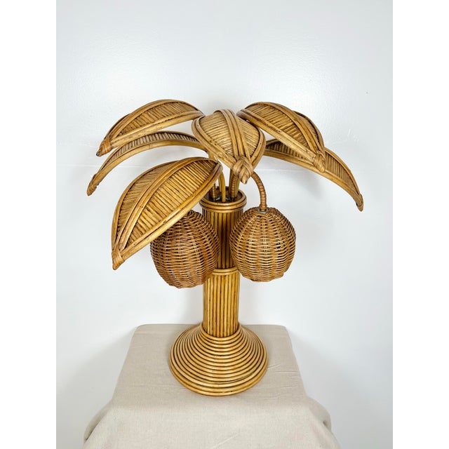 Boho Chic Vintage Rattan Palm Tree Coconut Lamp For Sale - Image 3 of 12