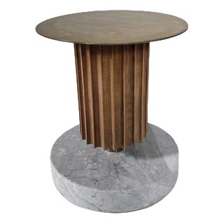 Italian Postmodern Brass, Teak and Marble Pedestal Side Table, 1980s For Sale