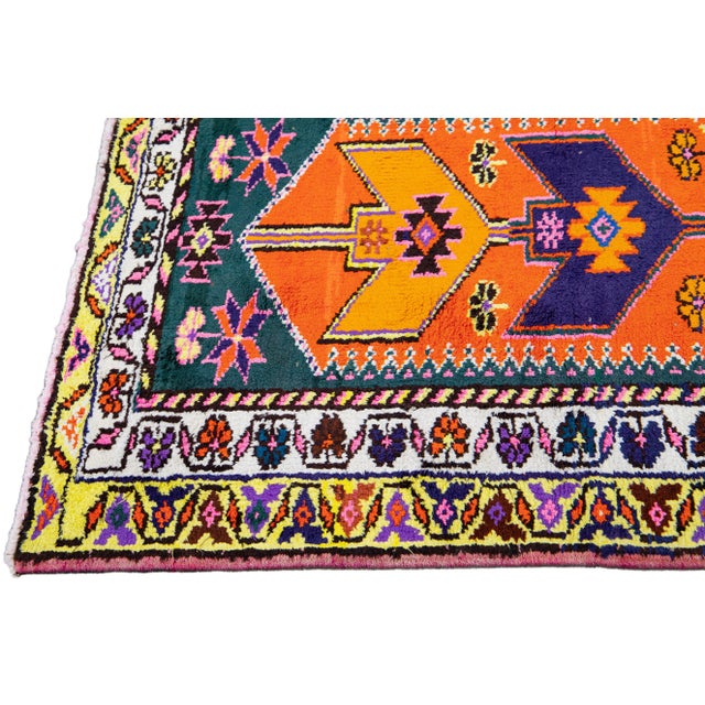 Orange Vintage Turkish Handmade Multicolor Tribal Designed Wool Runner For Sale - Image 4 of 11