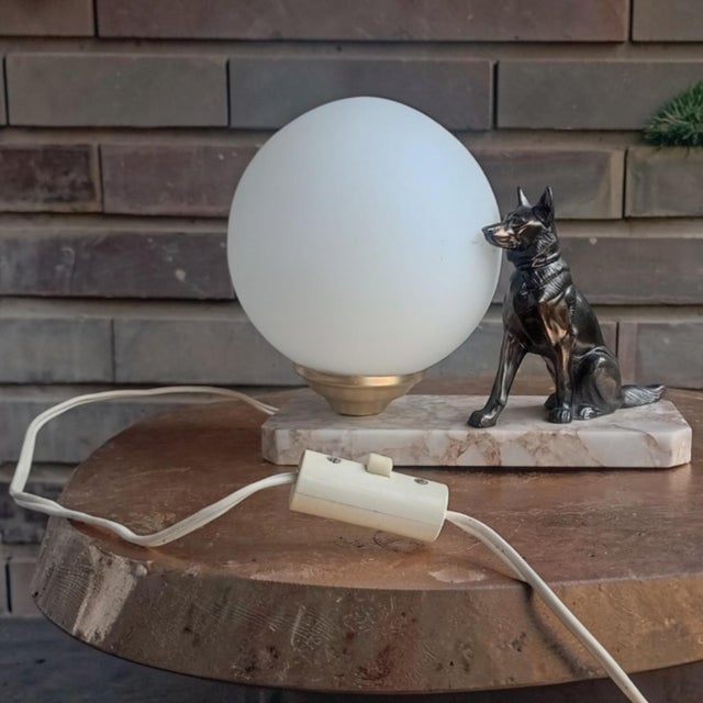 Metal Vintage German Shepherd Table Lamp with Opaline Glass Globe from Tedd, 1930s For Sale - Image 7 of 10