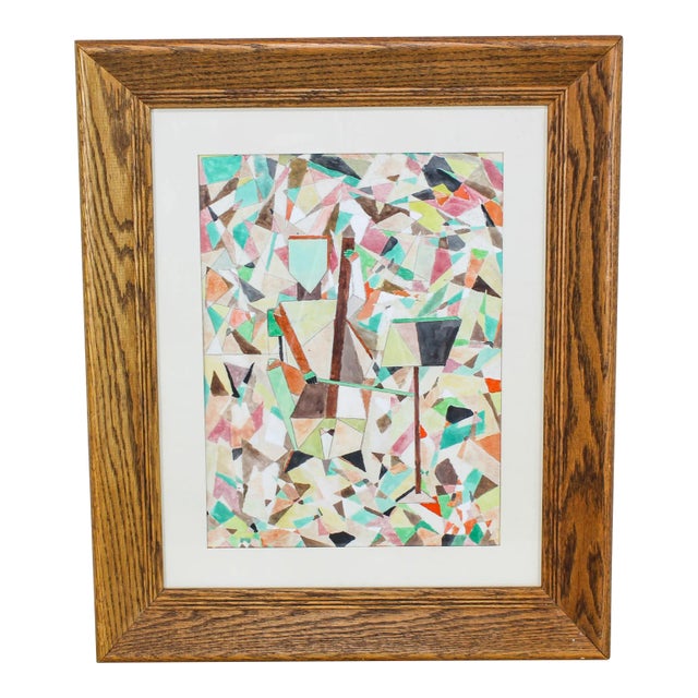 Abstract Watercolor Painting Display in a Oak Frame For Sale