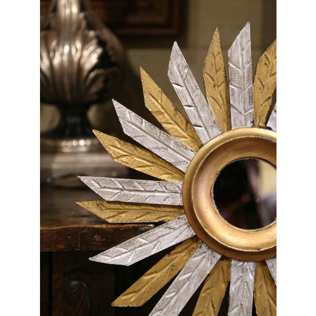 Vintage French Carved Two-Tone Gilt and Silver Painted Sunburst Wall Mirror For Sale - Image 4 of 7
