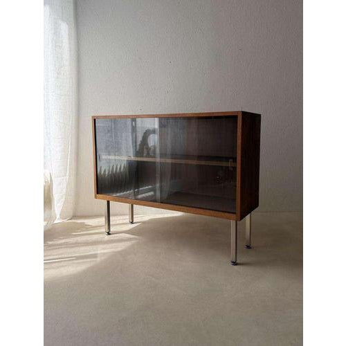 Glass Walnut Display Cabinet with Smoked Glass, 1960s For Sale - Image 7 of 12