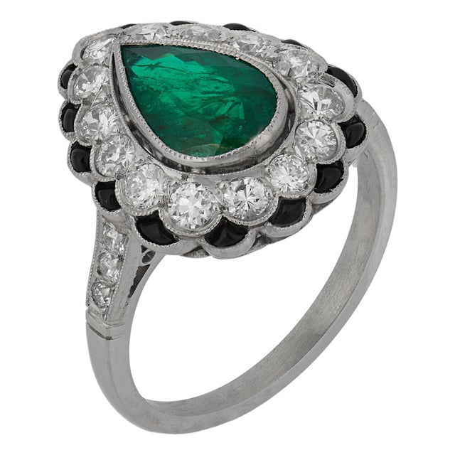 Art Deco Inspired 1.56 Carat Pear Shape Emerald Diamond Platinum Onyx Ring, Size 6.75 For Sale