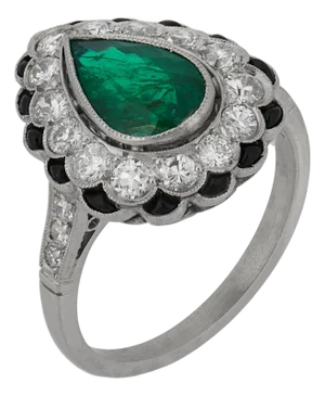 Art Deco Inspired 1.56 Carat Pear Shape Emerald Diamond Platinum Onyx Ring, Size 6.75