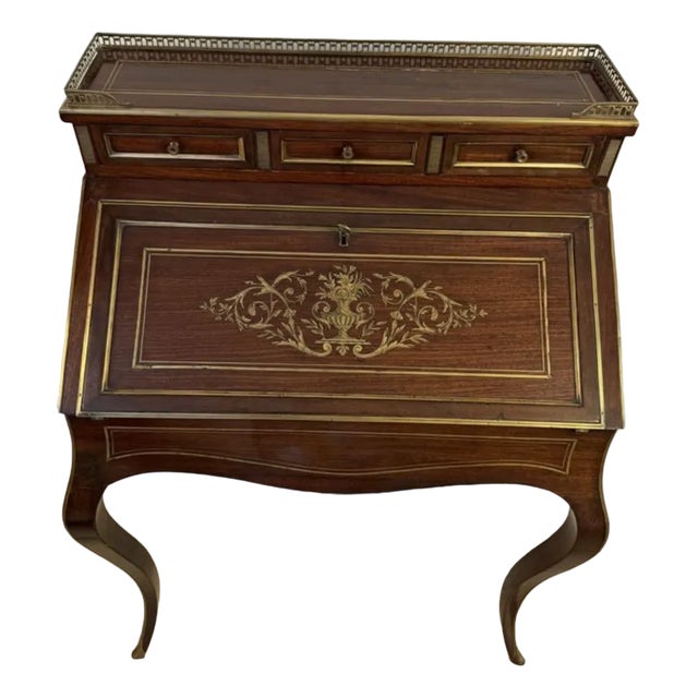 Antique French Victorian Rosewood & Brass Inlaid Bureau, 1860 For Sale