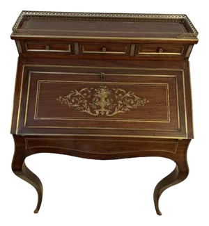 Antique French Victorian Rosewood & Brass Inlaid Bureau, 1860