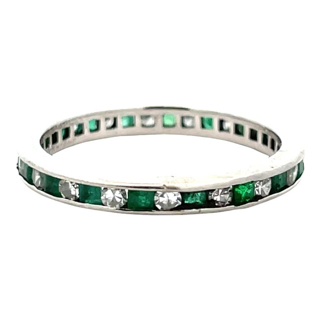 Platinum Emerald & Natural Diamond Antique Eternity Band, Size 7 For Sale