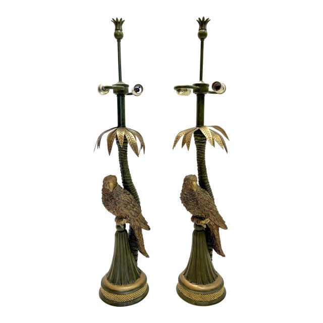 20th Century Palm Beach Chic Parrot and Palm Tree Lamps- A Pair For Sale