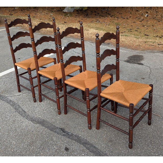 French Country Vintage Set of Four Colonial-Style Ladderback Dining Chairs With Rush Seats | Farmhouse, Shaker, French Country Style For Sale - Image 3 of 10