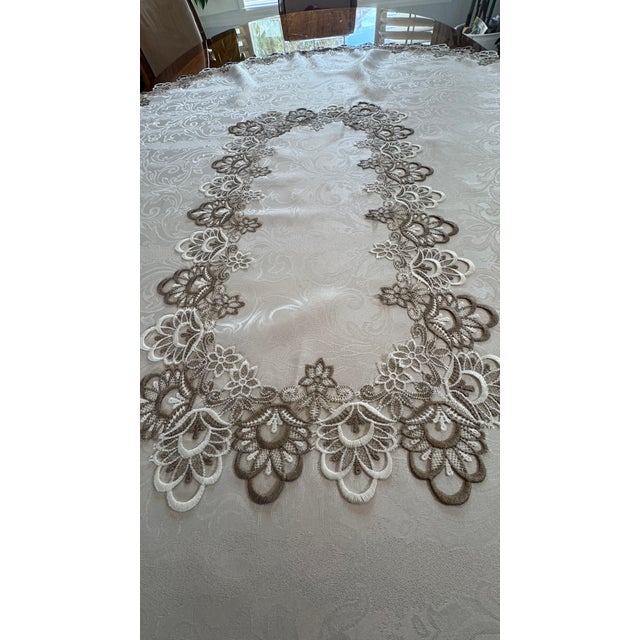 Vintage LinenTablecloth, Embroidered Applique Lace, Cream and Taupe. On Ivory 18" X 55.5" Pristine For Sale - Image 9 of 17