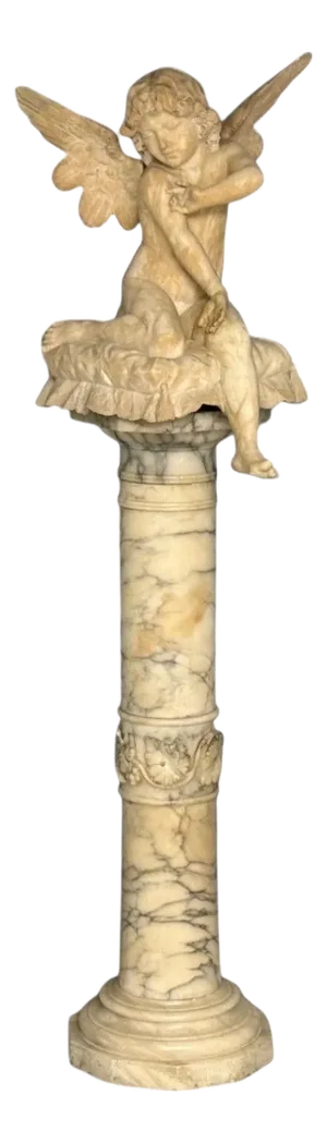 Neoclassical, Winged Angel on Pillow, Alabaster Statue on Pedestal, Italy, 1920s