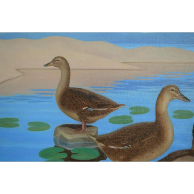 Late 20th Century Mallard Ducks in Pond With Lily Pads, Horizontal Landscape by Hugh Hendry For Sale - Image 5 of 11