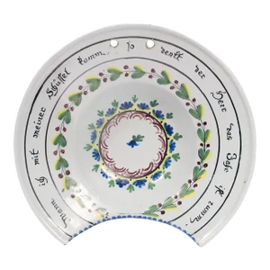 Signed Antique 18th Century German Tin Glazed Fayence Pottery Shaving Bowl