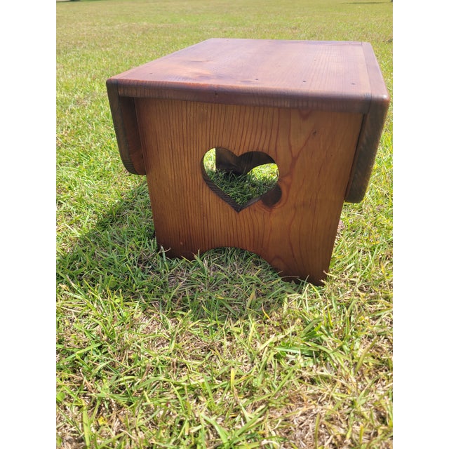 Farmhouse Rustic Pine Step Stool With Heart Cut-Outs and Etched Mallard Scene For Sale - Image 3 of 12