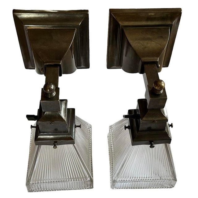 American Pair of Mission/Craftsman Brass and Holophane Glass Sconces, Circa 1910 For Sale - Image 3 of 6