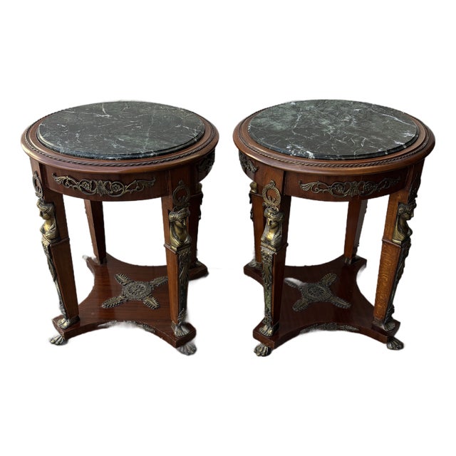1990s Handmade Empire Style Gueridon Side Tables With a Green Marble Top and Brass Mounts For Sale