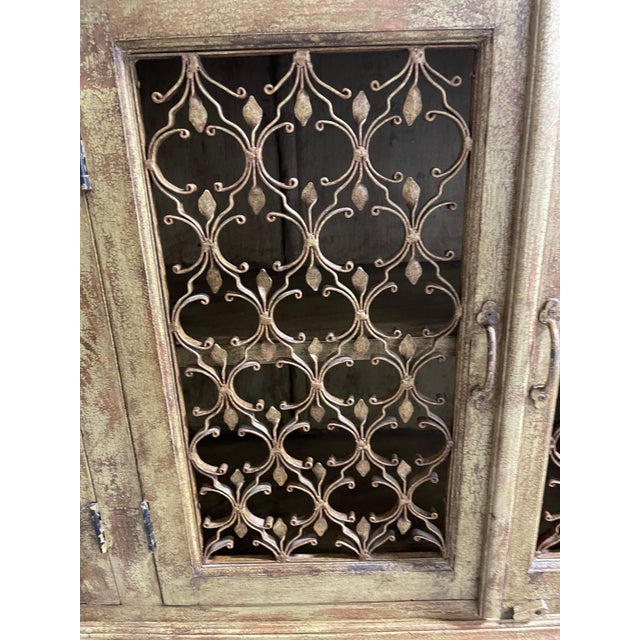 Traditional Green Brown Washed Four-Door Console with Metal Decorative Doors, 21st Century For Sale - Image 3 of 7