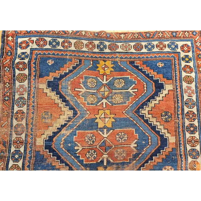Vintage Persian Kurdish Tribal Rug, Hand-Knotted Wool, Geometric Pattern, Blue & Rust-Red, 4x8 For Sale - Image 12 of 14