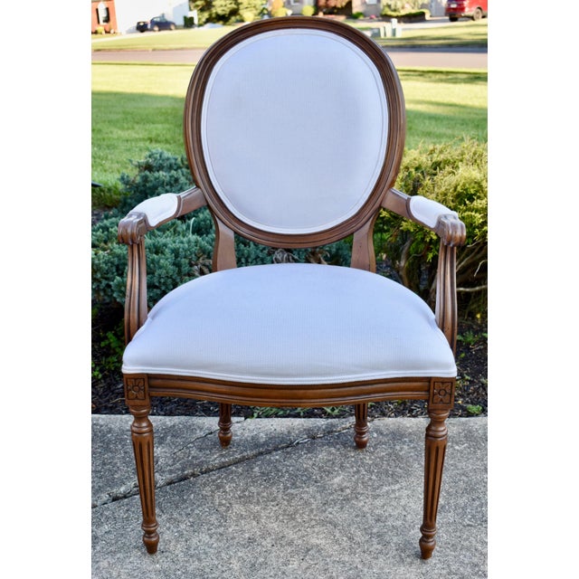 White Ethan Allen Walnut Armchair Oval Back Louis XVI Carved French Accent For Sale - Image 8 of 18
