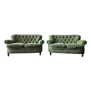 Vintage Chesterfield Style Sofas in Green Fabric, Set of 2 For Sale