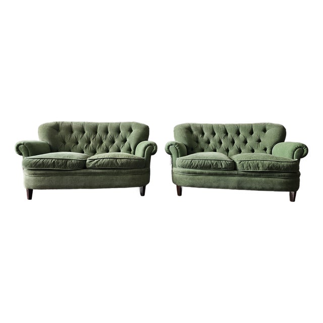 Vintage Chesterfield Style Sofas in Green Fabric, Set of 2 For Sale