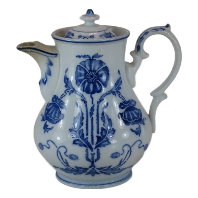 Antique Villeroy Boch Dresden Tea Pot Art Nouveau Poppys Blue and White For Sale