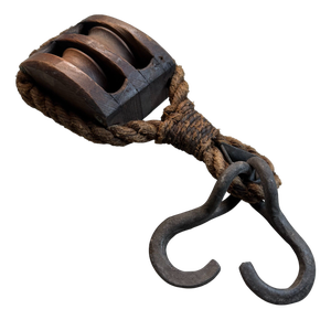 Japanese Wooden Double Pulley with Forged Hooks, 1900s