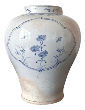 Korean White Ceramic Jar with Blue Underglaze Painting Joseon Dynasty