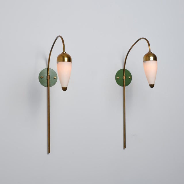 Vintage Italian Wall Sconces in Green Lacquered Brass and Opaline Glass, 1950s, Set of 2 For Sale - Image 4 of 10