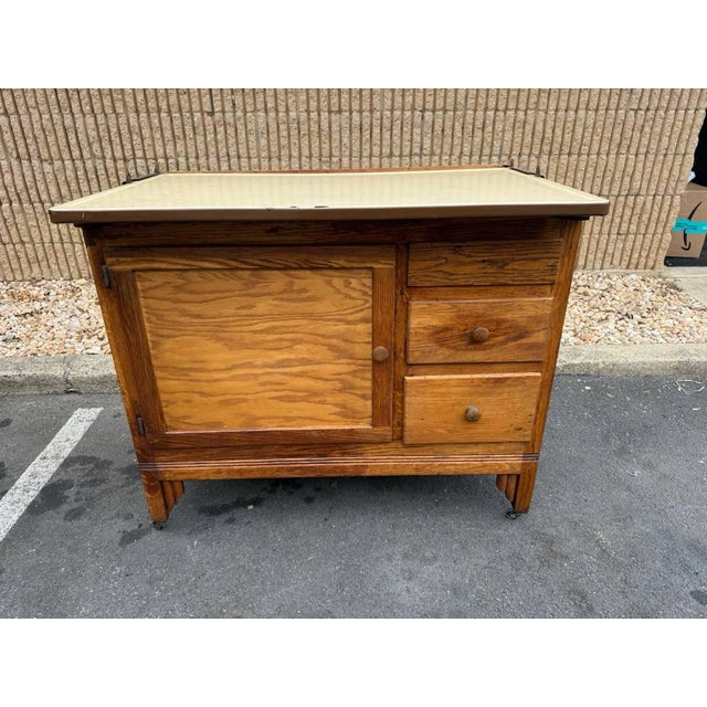 Brown Antique Early 20th Century Farmhouse Kitchen Hoosier Oak Wood Pantry Cabinet or Cupboard With Pie Safe and Flour Sifter for Decor. For Sale - Image 8 of 11