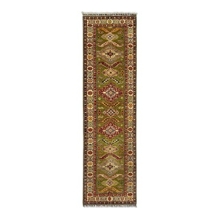 Olive Green and Cream Kazak-Style Wool Runner Rug, Natural Dyes, 2'9" X 10' For Sale