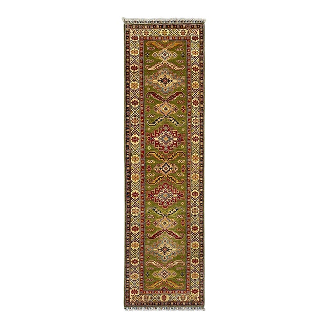 Olive Green and Cream Kazak-Style Wool Runner Rug, Natural Dyes, 2'9" X 10' For Sale