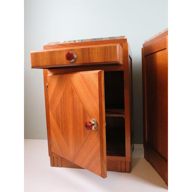 Brown French Art Deco Oak Bedside Cabinets with Inset Marble Tops, 1930s, Set of 2 For Sale - Image 8 of 12
