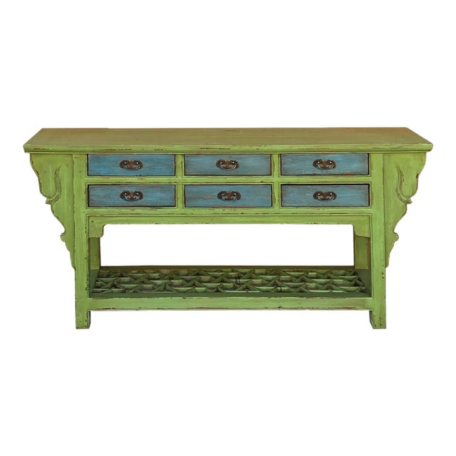 Distressed Lime Green 6 Blue Drawers Open Pedestal Sideboard Console Cabinet For Sale