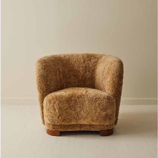 Mid-Century Modern Danish Sheepskin Club Chair, Beechwood Frame, 1940's. For Sale - Image 3 of 8