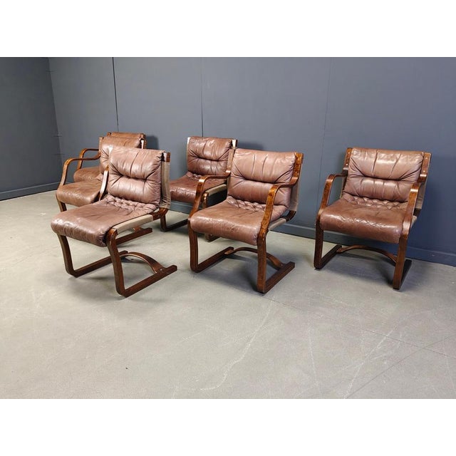 Brown Vintage Leather and Plywood Chairs from Asko Pajamies, Finland, 1970s, Set of 6 For Sale - Image 8 of 13