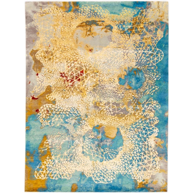Modern Golden and Teal Abstract Indian Handmade Coastal Designed Wool & Silk Rug For Sale - Image 10 of 10