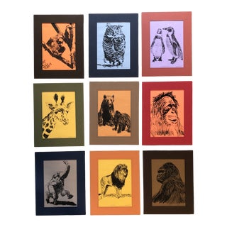 Gallery Wall Collection-9 Vintage Matted Original Animal Lithographs by E.J.Hartmann For Sale